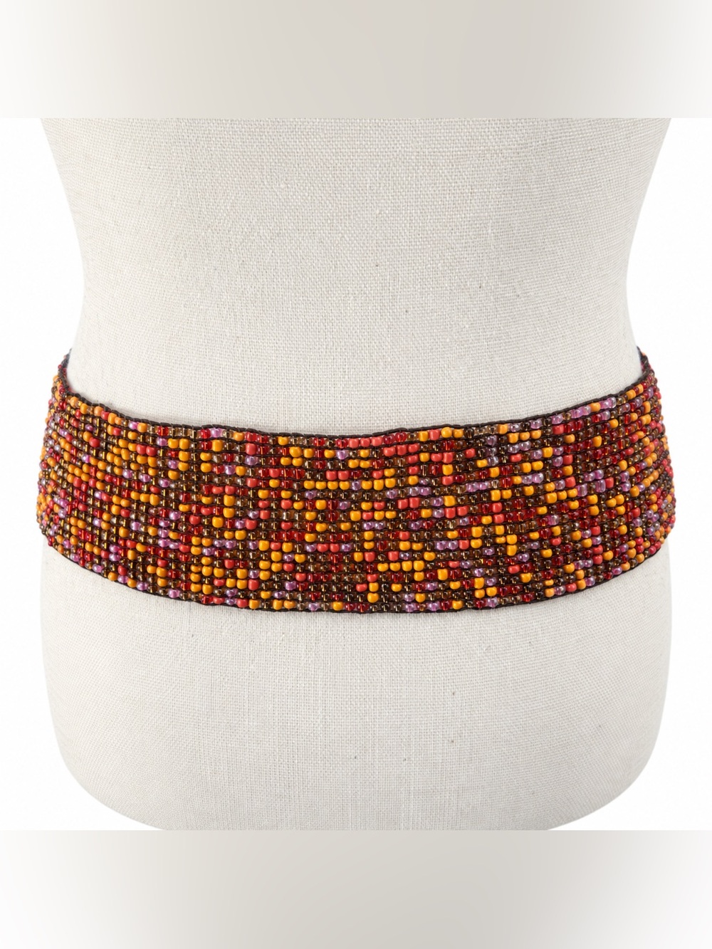 Vintage Handmade Multicolor Beaded Belt With Carved Wood Buckle 34” - Picture 4 of 7